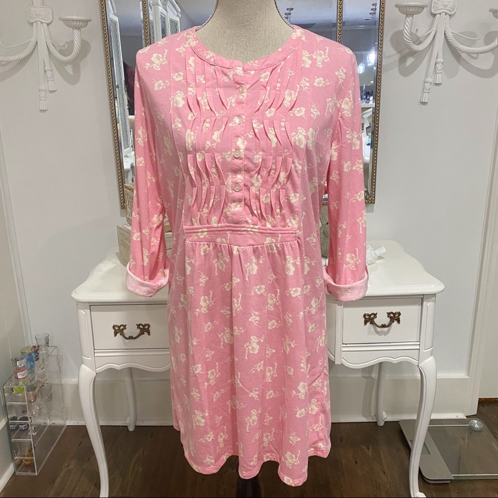 Laura Ashley Pink Floral Pleated Dress Sz L Roll Tab Sleeve Vintage EUC Grandma